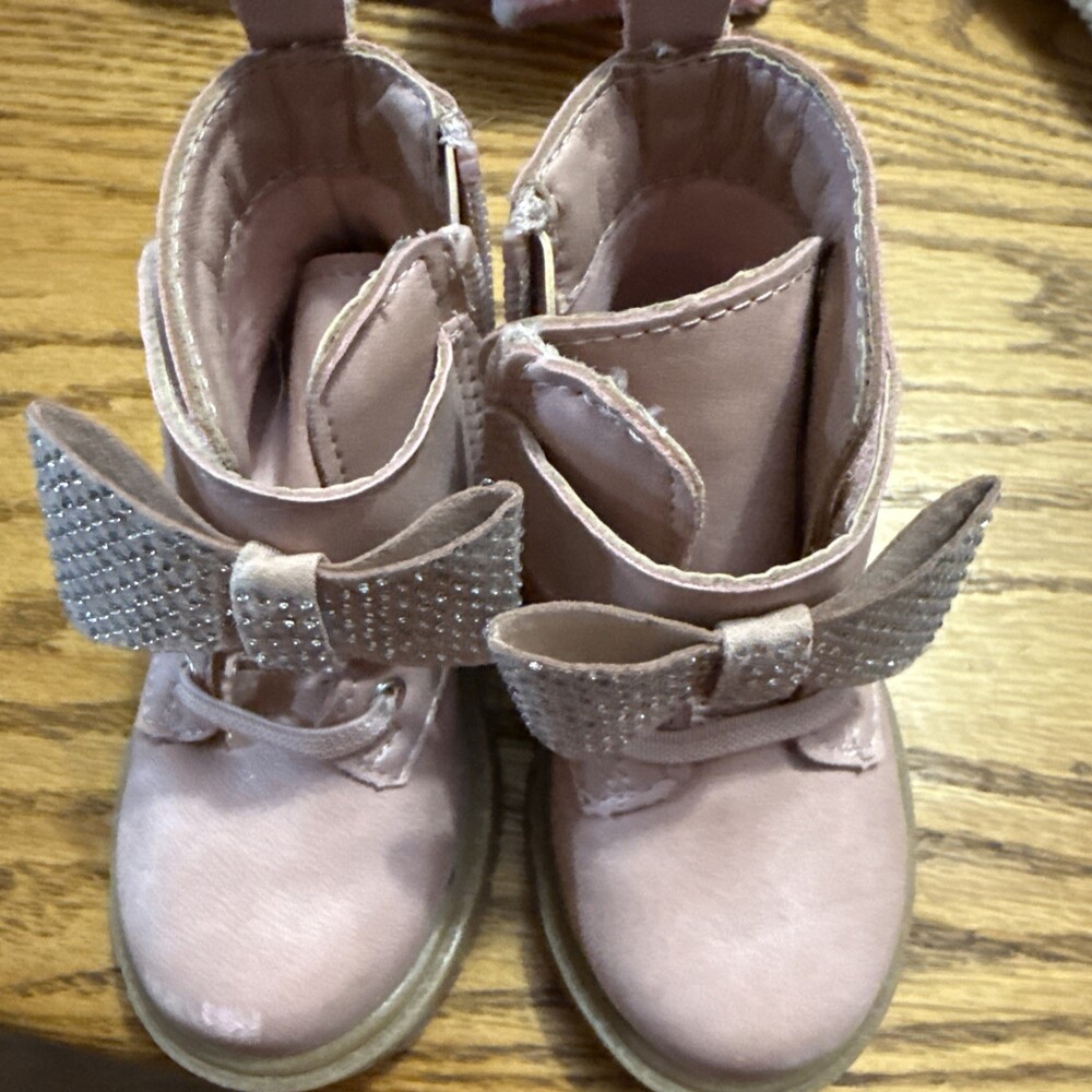 Jessica Simpson Toddler Girls Pink Shimmer Rhinestone Bow Combat Boots Size 5
